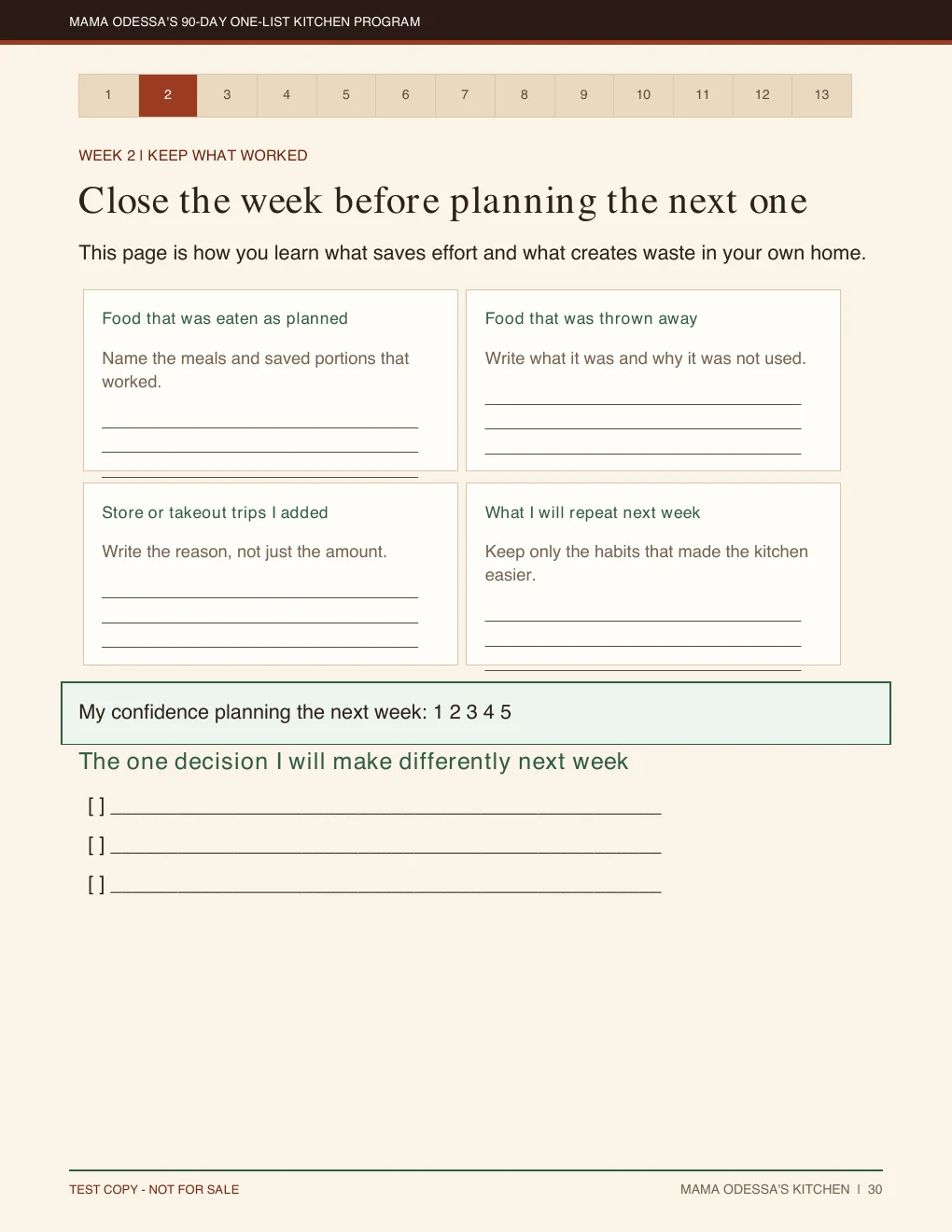 A sharp partial view of a weekly progress page in Mama Odessa's Complete 90-Day Soul Food Kitchen Program