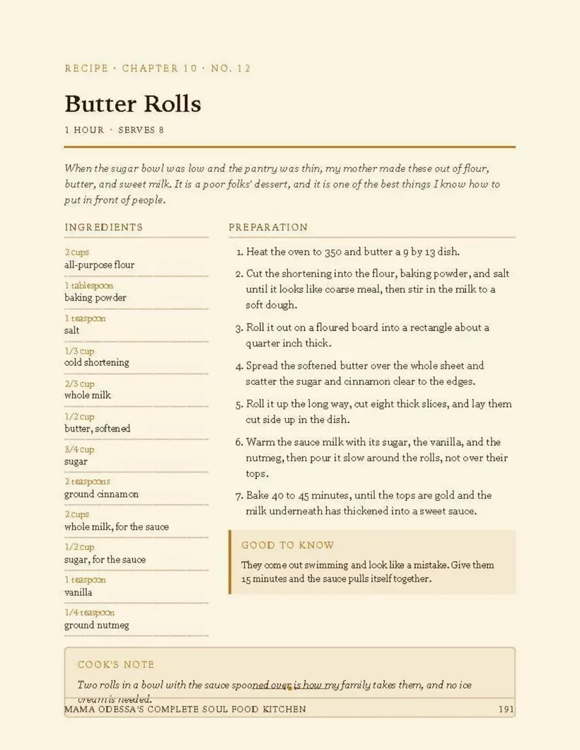 The Butter Rolls recipe page from Mama Odessa's Complete Soul Food Kitchen