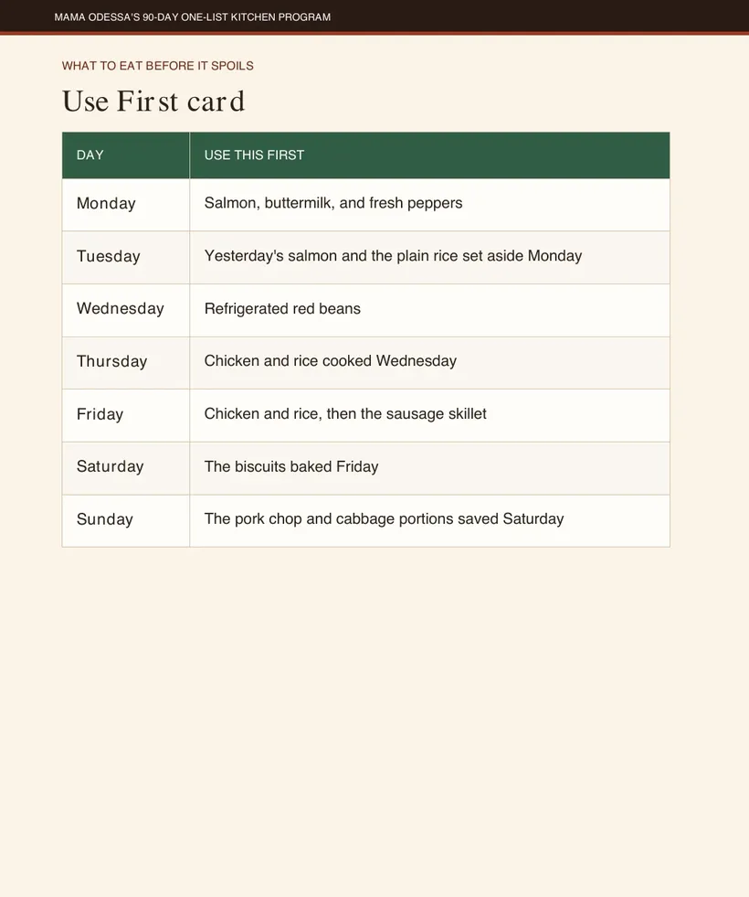 The use-first card from the program, listing the food that must be eaten first