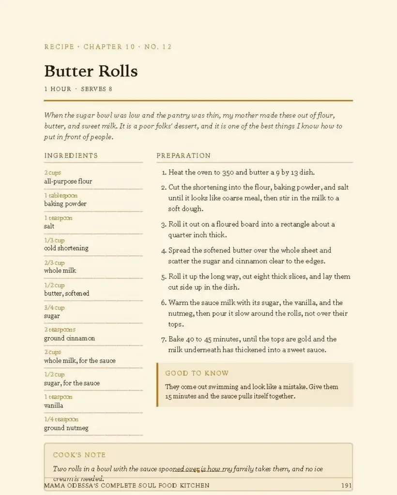 The Butter Rolls recipe page: ingredients on the left, steps on the right